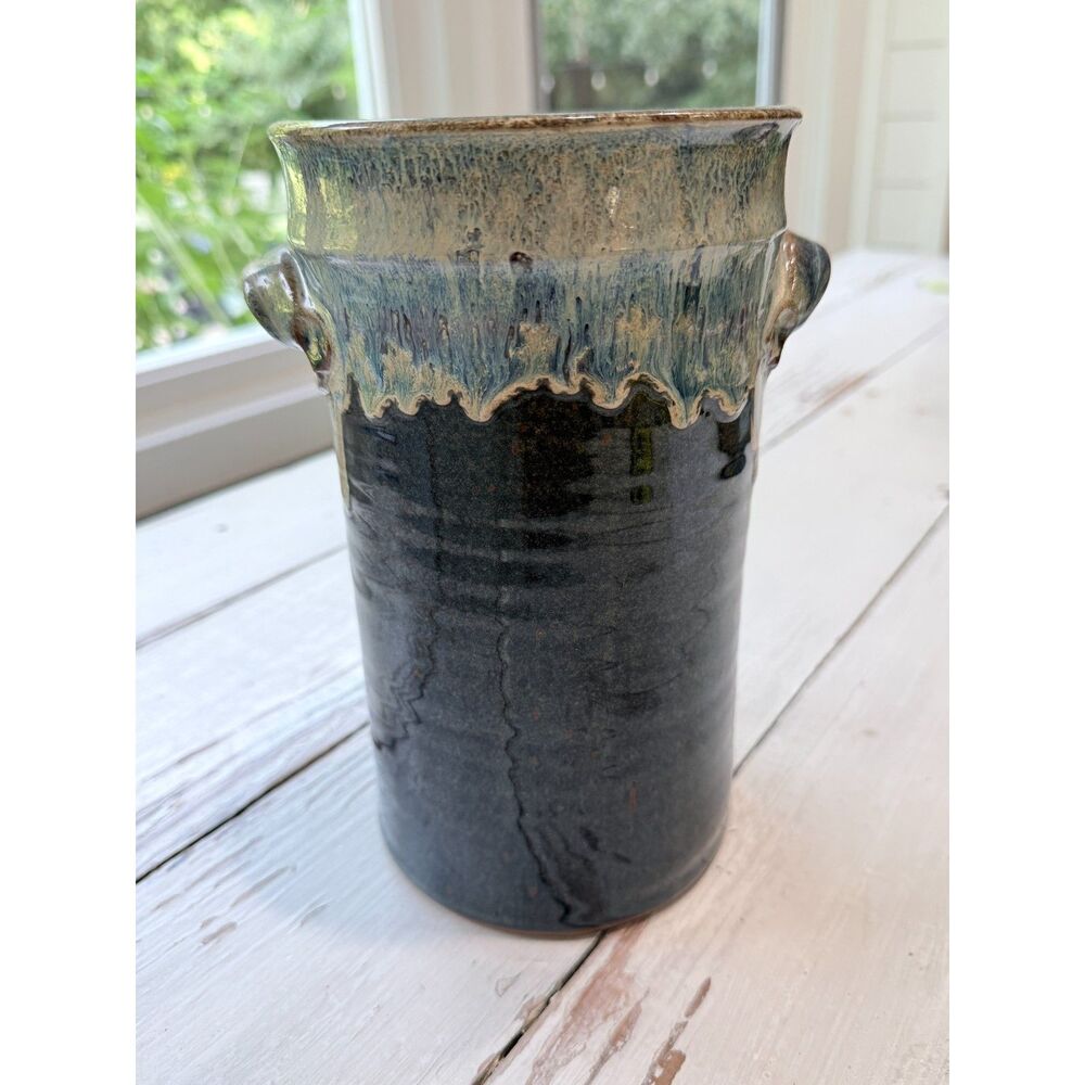 Handmade Studio Pottery Utensil Crock Blue Drip Glaze